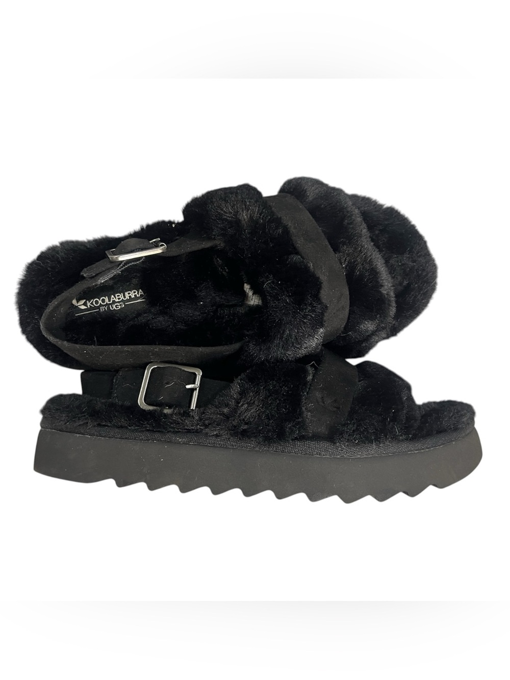 Koolaburra by UGG Black Faux-Fur Buckle Slide Sandals size 7